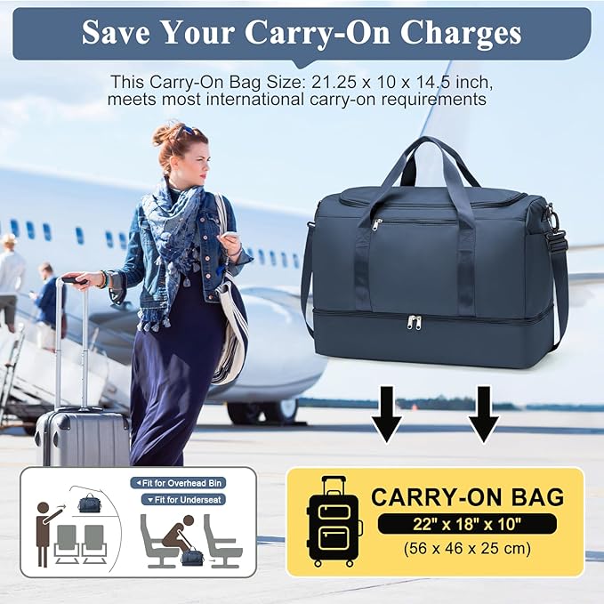 Extra Large Travel Duffle Bag,Carry on Overnight Weekend Bag with Shoes Compartment,Weekender Bags for Women for Travel Business Trips Sport Hospital,Dark Blue
