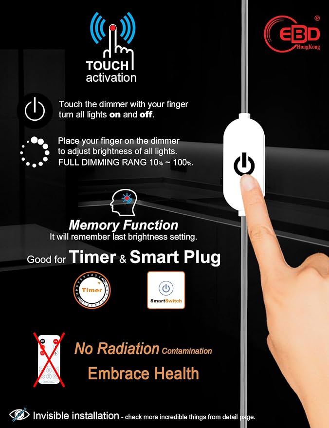 EBD Under Cabinet Lights Plug in 3 Pcs 12 Inch, Dimmable No Messy Wires Built-in Adjustable Cable Counter Lighting, 3000K 1350LM, 2 Pcs Extension Cables for Kitchen Home Office, Memory for Smart Plug.