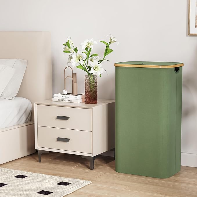 Lifewit 100L Laundry Basket with Lid, Clothes Hampers for Laundry with Bamboo Handles and 1 Removable Bag, Large Foldable Laundry Hamper for Bedroom, Bathroom, Dorm, Laundry Room, Green