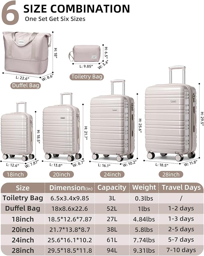 LARVENDER Luggage Sets 6 Piece Hardside Expandable Suitcase with Wheels TSA Lock, PC+ABS Hardshell Lightweight Travel Luggage Sets for Women, Glossy Champagne