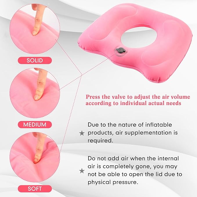 Leinuosen 1 Pcs Inflatable Seat Cushion 18.1'' x 15.7'' x 4.7'' Portable Lift Donut Pillow Height Adjustable Hemorrhoid Pillow for Tailbone Back Pain Bed Sore Home Car Chair Wheelchair Sitting (Pink)