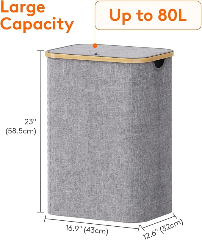 Lifewit 80L Laundry Basket with Lid, Clothes Hampers for Laundry with Bamboo Handles and 1 Removable Bag, Large Foldable Laundry Hamper for Bedroom, Bathroom, Dorm, Laundry Room, Light Gray