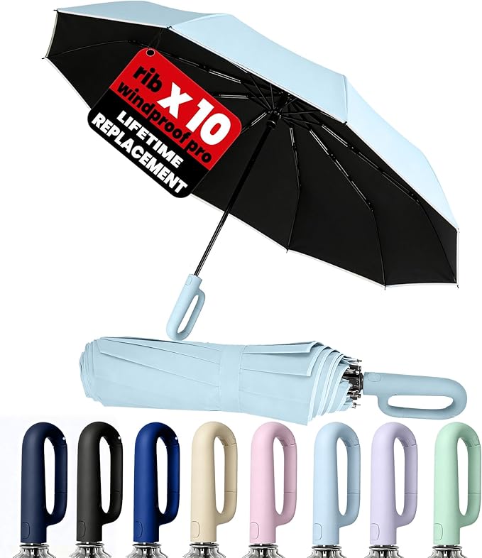 SIEPASA Travel Umbrella with Carabiner Handle - Windproof 10 Ribs Auto Open/Close for Rain & Sun Protection, Compact Portable Clip-on Backpack Design with Safety Reflective Strip.