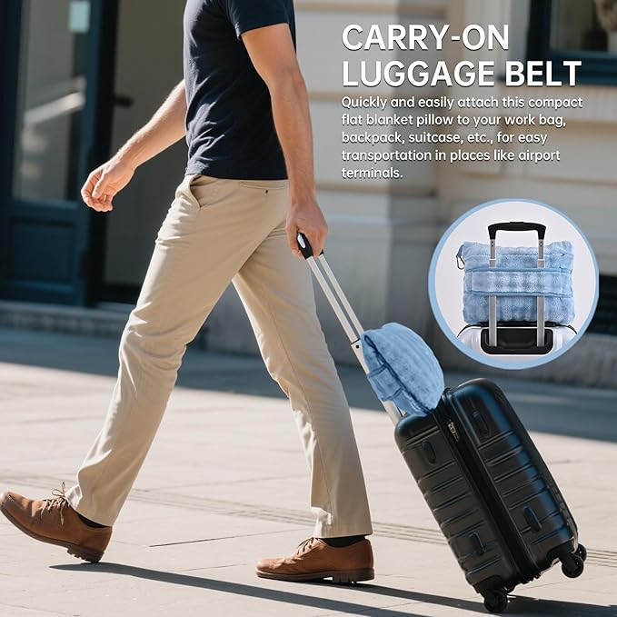 Travel Blanket and Pillow-2-in-1, Ultra-Soft&Compact, Airplane Blanket with Hand Luggage Belt and Backpack Clip,Travelers Accessories Gifts, 61x43 Inches（Blue）