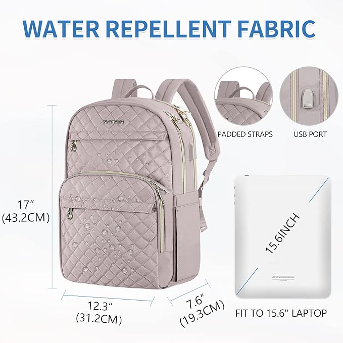 KROSER Laptop Backpack for Women 15.6 Inch Stylish Daypack with USB Charging Port, Water-repellent Nylon Backpack for Travel/Business, Dusty Pink