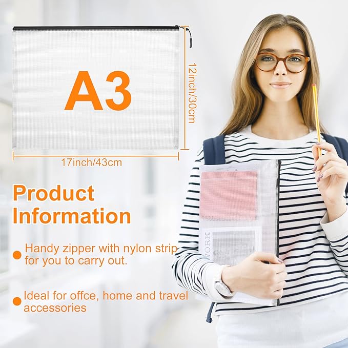 YOPCDJ 24pcs Mesh Zipper Pouch Bags A4 Mesh Bags for Classroom Organization, Waterproof Document Zipper Pouches for Cosmetics, Travel Storage File Bags for Office Supplie (Black-A3-20PCS)
