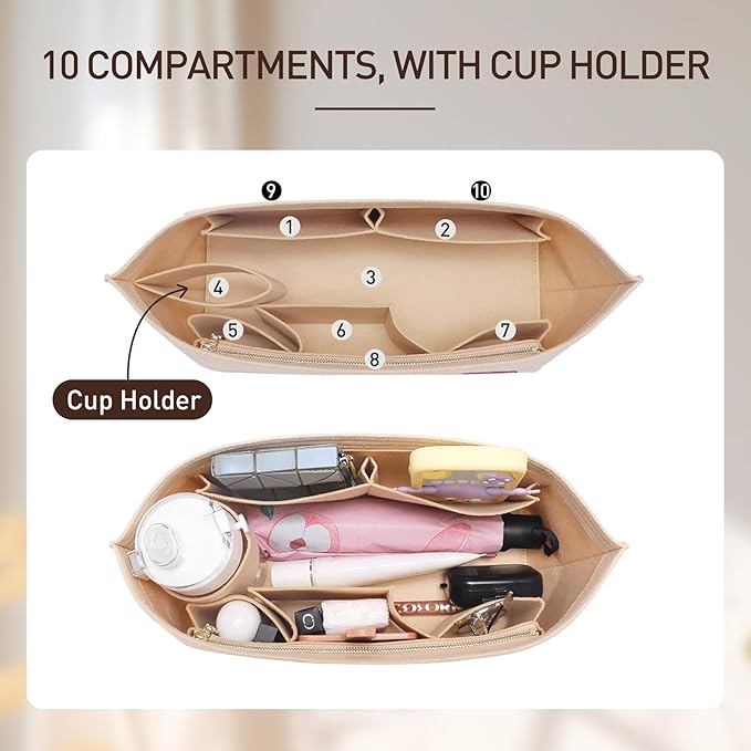 Felt Purse Organizer Insert with Zipper, Tote Bag Organizer with Base Shaper, Fits for lv Neverfull PM, City 30 and More,Lightweight Bag Dividers for Women Luxury Tote HandBags,M/Beige