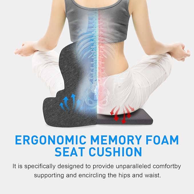 Denchy Car Seat Cushion with Lumbar Support for Long Sitting, Ergonomic Memory Foam Driving Seat Cushions for Semi Truck Bus Driver Trucker, Non Slip Office Chair Cushion (Dark Gray)