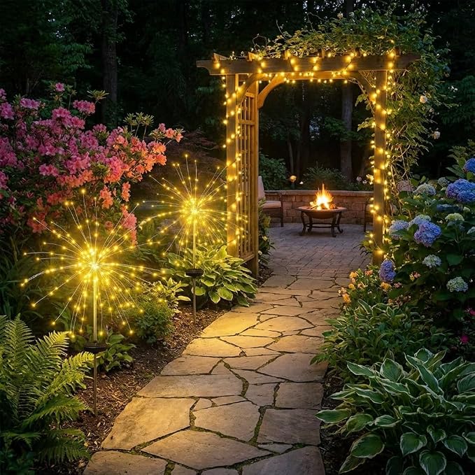 4-Pack Solar Firework Lights for Outside Waterproof Garden Fairy Lights | Adjustable 32"-51" tall, 200 LED stainless steel stake starburst lights with 8 modes for pathway patio decorations.