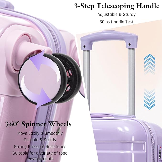 Gradient Purple-Pink Luggage Set 14" & 20" - 2 Piece PC Spinner Wheel Suitcases with Combination Lock, Lightweight Carry On for Business & Vacation