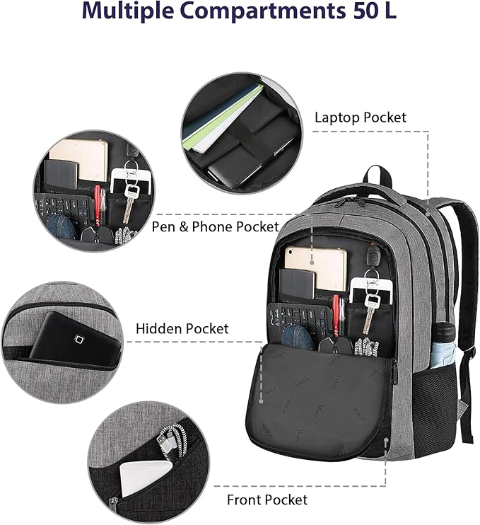 MATEIN Extra Large Laptop Backpack 18.4 Inch, Airplane Approved Travel Backpack with Luggage Strap and Anti Theft Pocket, 50 L College Computer Carry On, Gifts for Business Work Men, Grey Black