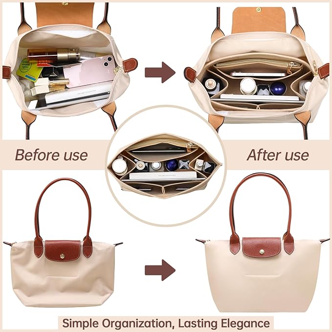 OPPOSHE Purse Organizer Insert for Longchamp Le Pliage, Premium Felt Long Champ Bag Handbag Women, Tote Organizer Insert with 6 Compartments (Small, Beige)