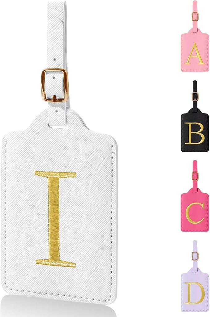 Personalized Initial Luggage Tags for Suitcases,Leather Letter Cute Luggage Tags with Privacy Name Card,Embroidered Monogrammed Travel Bag Backpack Tag Gifts for Women Kids Girls Teens(White-I)