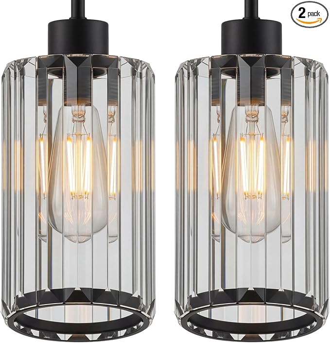 Modern Clear Fluted Glass Pendant Light 2 Pack - Thick Ribbed Glass with Soft Glow, Adjustable E26 Hanging Lamp for Kitchen Island & Dining Room