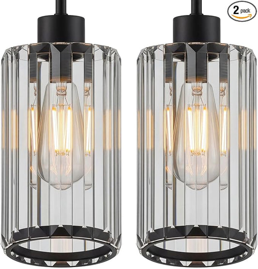 Modern Clear Fluted Glass Pendant Light 2 Pack - Thick Ribbed Glass with Soft Glow, Adjustable E26 Hanging Lamp for Kitchen Island & Dining Room