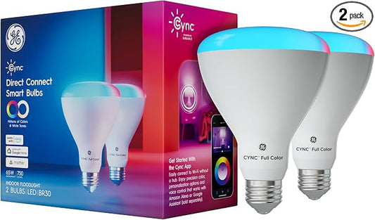 Cync GE BR30 Smart Bulb WiFi LED Light Bulbs, Color Changing | Indoor Bluetooth Light Bulb with Alexa & Google Assistant, 65W Full Color, Multicolor Works With Matter, 2 Pack