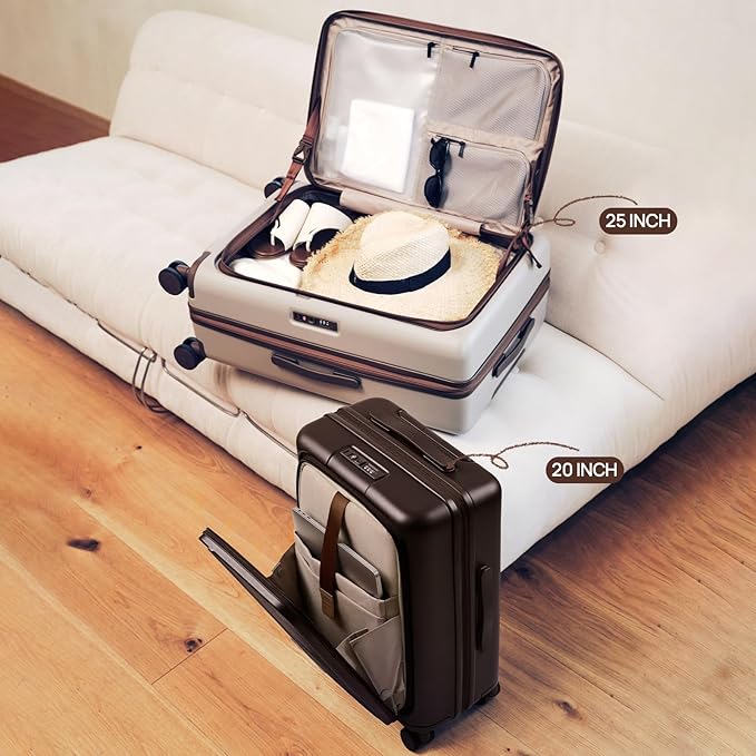 NINETYGO Carry On Luggage 22x14x9 Airline Approved, Top Opening 20 Inch Suitcase with Front Compartment, Expandable, Coffee-Infused PC Shell, Eco-Friendly, Cup Holder, TSA, Spinner Wheels (Americano)