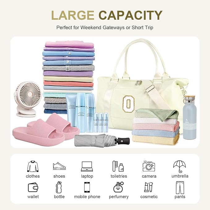 Dance Gym Duffel Bag for Teen Girls, Personalized Initial Travel Weekender Bag,Cute Overnight Carry On Duffle for Women,Sports Travel Cheer Bag,Monogram Christmas Gifts for Tween Preppy(beige-O)