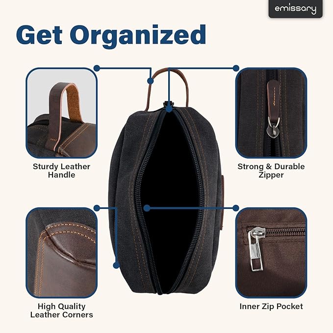 emissary Men's Toiletry Bag, Leather and Canvas Travel Toiletry Bag, Dopp Kit for Men, Travel Bathroom Bag Men's Shaving Kit, Travel Kit Small Bags for Men, Shaving Bag for Travel Accessories (Black)