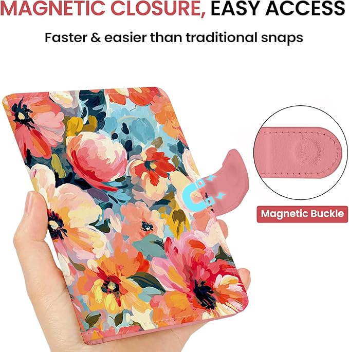 Passport Holder for Travel Essentials, RFID Blocking Leather Cover Wallet with Magnetic Closure, Aesthetic & Cute Passport Book Case for Women and Men - Garden