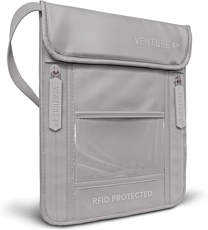 VENTURE 4TH Neck Wallet for Women & Men – RFID Blocking Passport Holder for Travel, Hidden Neck Pouch with 6 Compartments, Slim Lightweight Travel Organizer with Adjustable Strap (Sleek Silver)