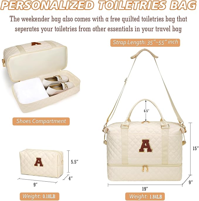 Gifts for Women Initial Travel Duffle Bag Quilted Weekender Bags Carry-On Overnight with Cosmetic Bag, Gym Bag with Shoe Compartment Hospital Bag for Women Labor Delivery, Beige-A