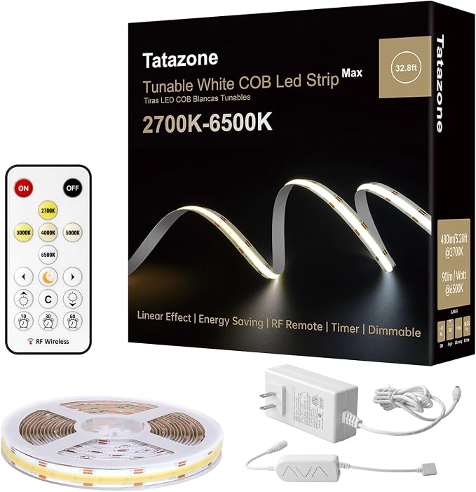 Tatazone 32.8ft Tunable White COB Led Strip Light with RF Remote, CRI93+ Dimmable CCT 2700K-6500K COB Led Tape Lights, Adhesive High 3PIN Dual Color Led Light Strip for Bedroom, Kitchen, Cabinet