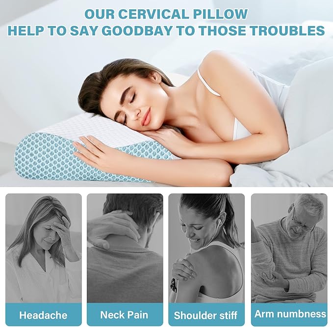 Memory Foam Pillows 2 Pack Neck Pillow - Neck Support Pillow for Pain Relief, Ergonomic Cervical Pillow for Sleeping, Orthopedic Contour Bed Pillow for Side, Back, Stomach Sleepers,Blue
