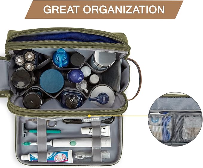 BAGSMART Toiletry Bag for Men, Canvas Travel Toiletry Organizer Dopp Kit Water-resistant Shaving Bag for Toiletries Accessories,Green-Large