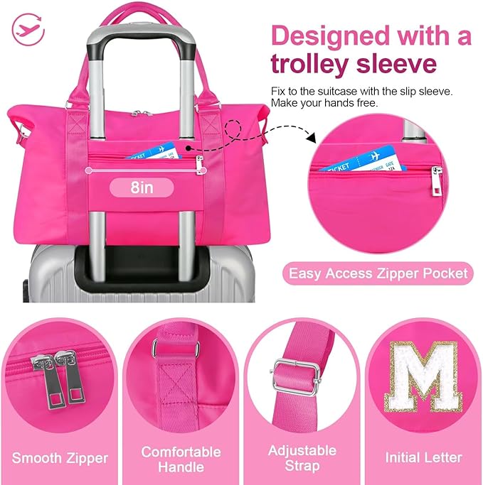 Dance Gym Duffel Bag for Teen Girls, Personalized Initial Travel Weekender Bag,Cute Overnight Carry On Duffle for Women,Sports Travel Cheer Bag,Monogram Christmas Gifts for Tween Preppy(rosered-M)