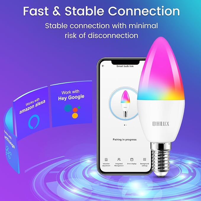 OHLUX E12 Led Bulb, Smart Candelabra Led Light Bulbs 5W 40 Watt Equivalent, Color Changing Light Bulb RGB Compatible with Alexa Google Home, Candle Small Bulbs with Voice Control, 1 Pack