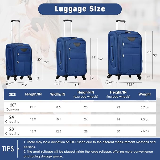 Luggage Sets Softside Expandable 3 Piece Set Lightweight Suitcase with Duffel Bag Upright Spinner Softshell, TSA Lock Carry On for Business for Family Travel (Navy Blue, 22"/26"/30")