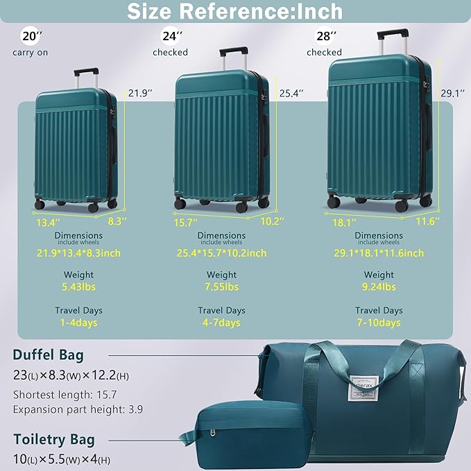 Merax 3 Piece Luggage Sets, Hardside Lightweight Carry on Suitcase,Durable Expandable Luggage with Travel Bags Spinner Wheels and TSA Lock,Dark Green