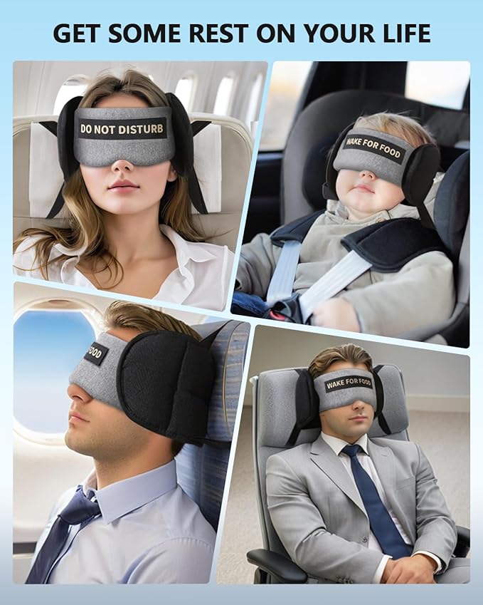 Travel Pillows for Airplanes, Airplane Head Strap with Eye Mask for Long Flight Sleeping Travel, 360° Support Neck Pillow for Plane Car Road Trips Seat Sleep, No Bobblehead (White)