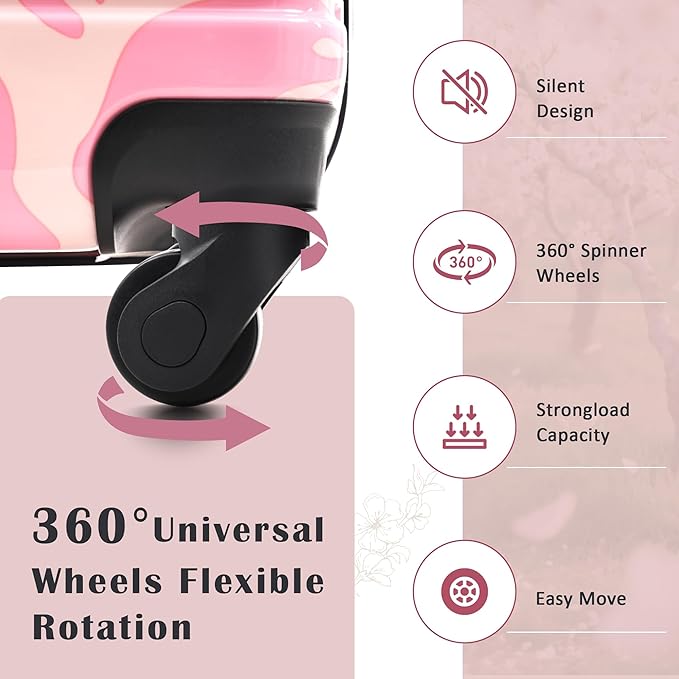 Merax Suitcase Set, Hardshell Luggage Sets 3 Piece with Spinner Wheels, Durable Printing Suitcase with TSA Lock Lightweight 20" 24" 28",Pink