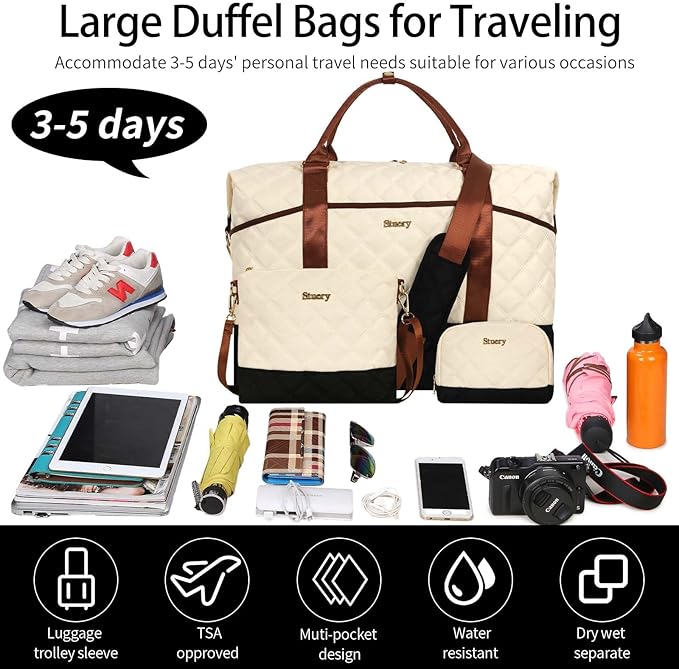Weekender Bag, Large Travel Duffel Bag for Women, Carry on Overnight Bag with Shoe Compartment and Toiletry Bags