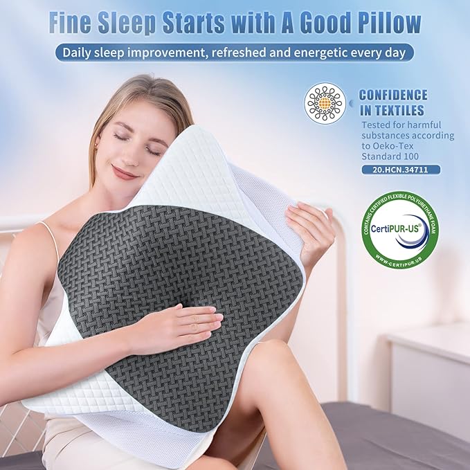 SAHEYER Cervical Neck Pillow, Memory Foam Pillow for Neck Pain Relief and Snoring, Ergonomic Pillow for Side Sleeper, 2 in 1 Orthopedic Pillow for Back and Stomach Sleeper, White