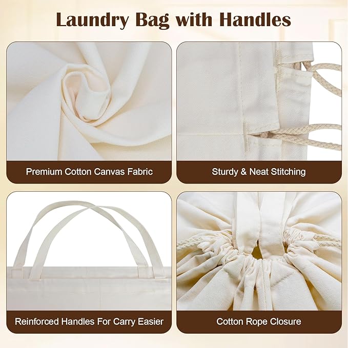 Canvas Laundry Bags with Handles & Rectangular Base, 90L Extra Large Heavy Duty Laundry Basket Hamper Liner Replacement, Washable Canvas Drawstring Dirty Clothes Bag (Beige, 2 Pack)