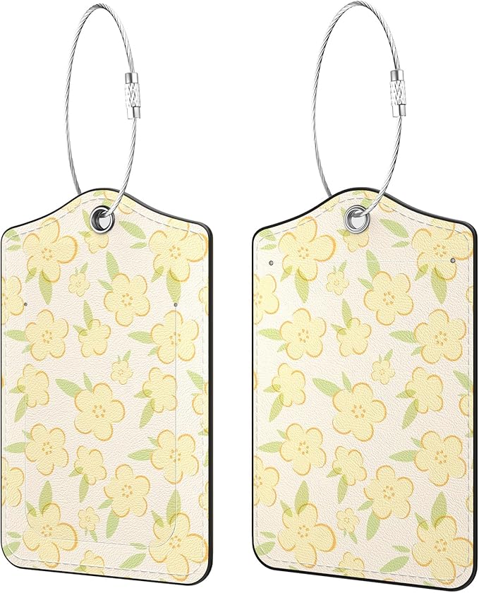 2 Pack PU Leather Luggage Tags for Suitcases, Privacy Protection Cover with Stainless Steel Loop and Address Card, Travel Cruise Essentials (Yellow Flower)