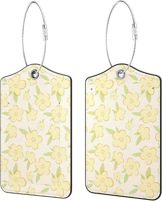 2 Pack PU Leather Luggage Tags for Suitcases, Privacy Protection Cover with Stainless Steel Loop and Address Card, Travel Cruise Essentials (Yellow Flower)
