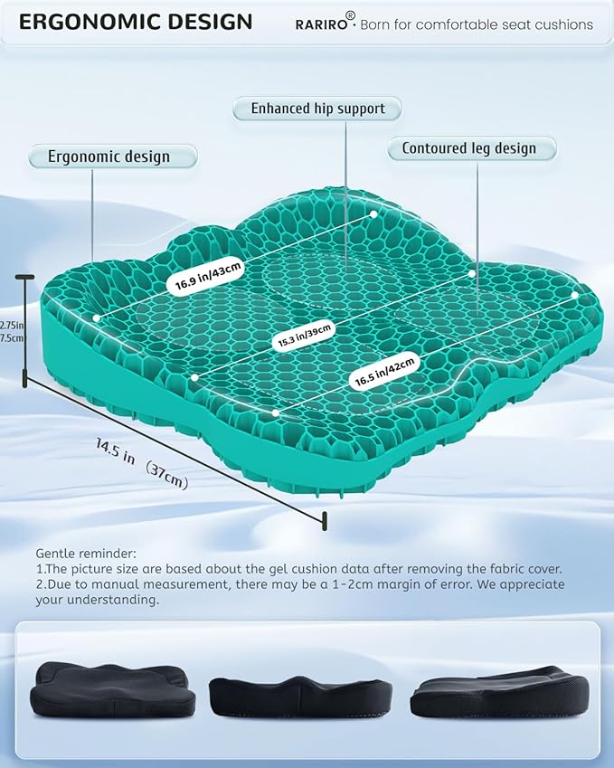 Thickened Gel Seat Cushion, Egg Gel Chair Pads for Wheelchair Pressure Coccyx Sciatica Pain Relief, Cooling Desk Seat Cushion for Kayak, Car, Office Chair Long Sitting[Green-2.75"]