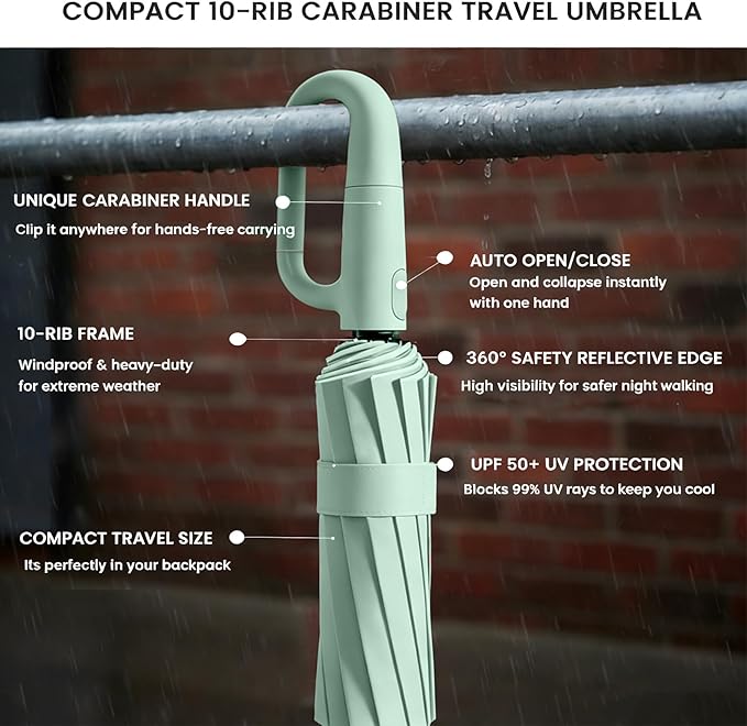 SIEPASA Travel Umbrella with Carabiner Handle - Windproof 10 Ribs Auto Open/Close for Rain & Sun Protection, Compact Portable Clip-on Backpack Design with Safety Reflective Strip.