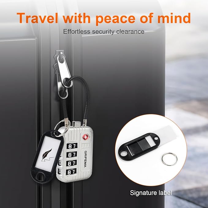 GRIFEMA GA1008W TSA Approved 4-Digit Combination Luggage Lock, Secure Travel Lock with Steel Cable for Suitcases, Backpacks, Gym Lockers - White