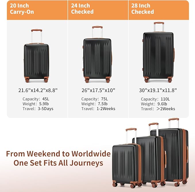 Kono Expandable Luggage 3 Piece Set Hardshell Lightweight 20in 24in 28in Carry On Suitcase with Spinner Wheels TSA Lock(Black & Brown)