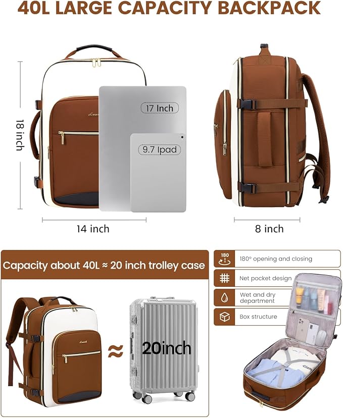 LOVEVOOK 40L Travel Backpack for Women & Men, Airline Approved Carry On Luggage with 3 Packing Cubes, TSA Overnight Bags, Waterproof Personal Item Bag, Weekender Essentials Backpacks fits 17" Laptop