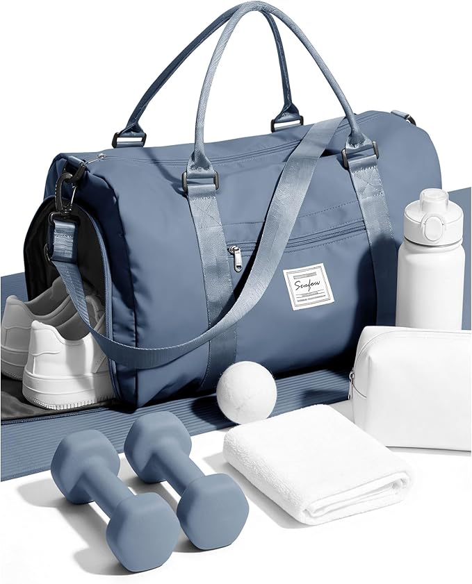 Weekender Duffel Bags for Women, Travel Totes Bag for Airplane, Cute Sports Gym Dance Overnight Luggage Bag with Wet Pocket Shoe Compartment, Carry On Hospital Bag for Labor and Delivery Haze blue