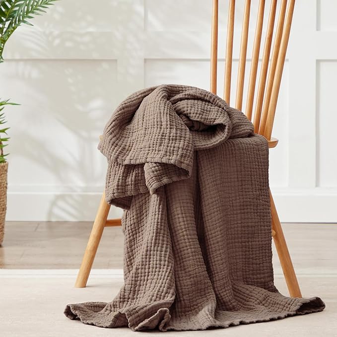 100% Cotton Muslin Blanket Queen 90" x 90", Breathable and Lightweight Cotton Throw Blankets for Bed, Soft Cooling Summer Gauze Blanket for Adults All Season, Tan