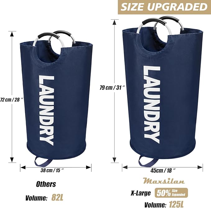 125L X-Large Laundry Basket, Freestanding Tall Clothes Hamper, Collapsible Laundry Bag, Dark Blue