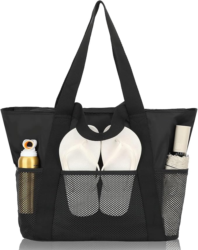 Fammart Mesh Beach Bag, Large Beach Tote with Zipper Pocket, Toys Pool Bag for Family Travel Vacation Cruise Essentials