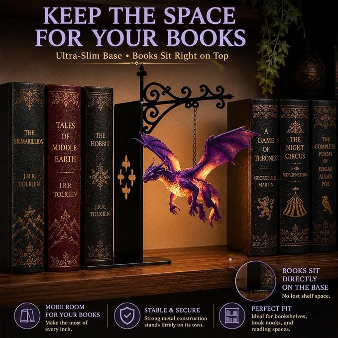 Magical Floating Dragon Bookshelf Lamp, Warm LED Dragon Night Light, Fantasy Gothic Bookend Decor, Reading Nook Ornament, Gift for Book Lovers & Fantasy Fans，red+red